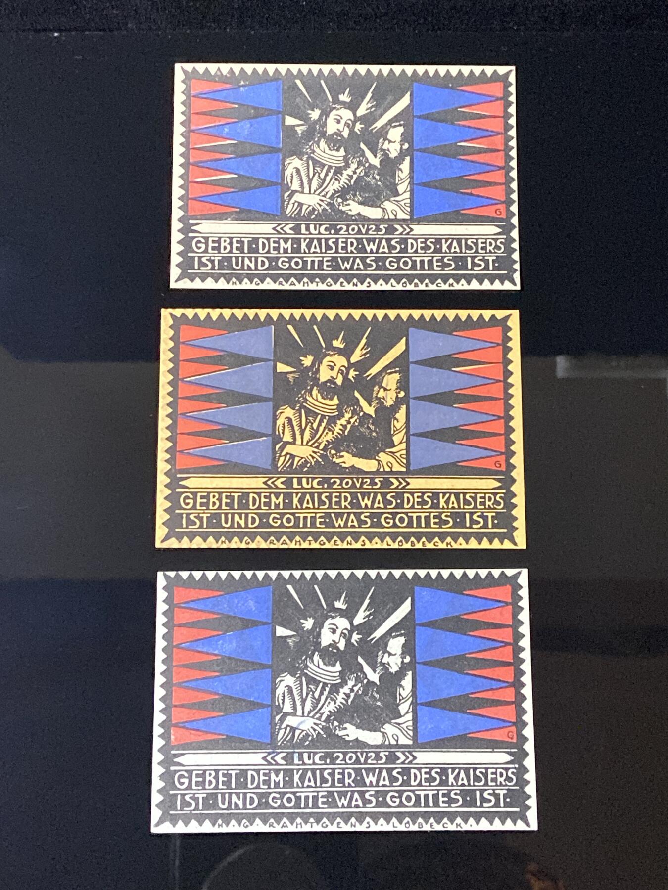 2026年第三十七场(总第二百零六场）德紧纸币特拍场(佣金3%，最低1元) 德紧纸币–德国石勒苏益格-荷尔斯泰因州吕贝克市–福音路德会国家教会25、50、75芬妮三枚套票