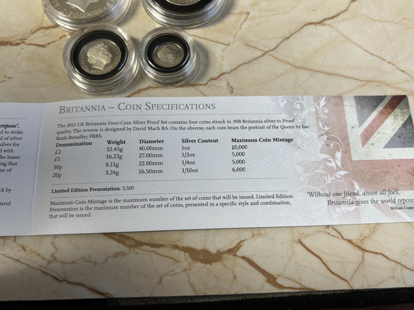 第195期拍卖 英国2011年不列颠女神系列精制纪念银币4枚全套，32.45克/16.22克/8.11克/3.24克，有氧化，958银