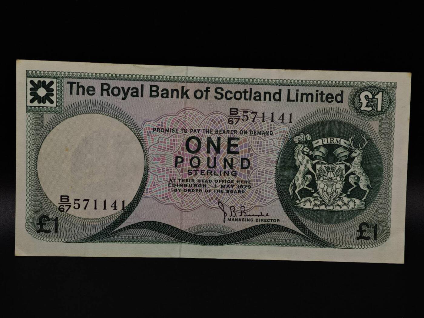  【淘币小摊】限时拍第八百八十二拍   纸币场    每周一统一发货 苏格兰皇家银行1979年1镑纸币【有折】