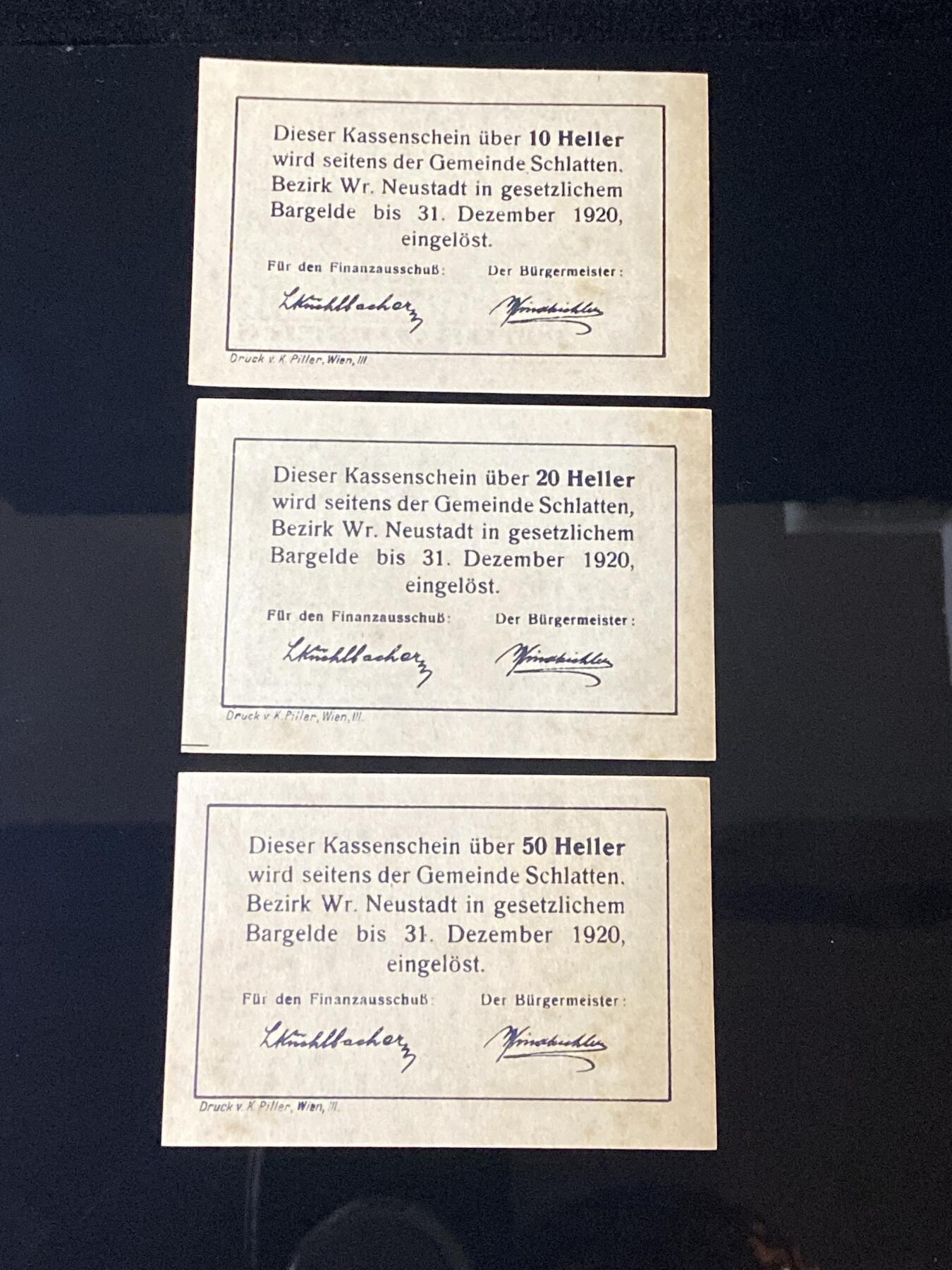 2026年第三十七场(总第二百零六场）德紧纸币特拍场(佣金3%，最低1元) 奥紧纸币–奥地利下奥地利州施拉滕乡（Gemeinde Schlatten, N.Ö.，N.Ö.为Niederösterreich缩写）布龙贝格（Bromberg）地区10、20、50赫勒三枚套票