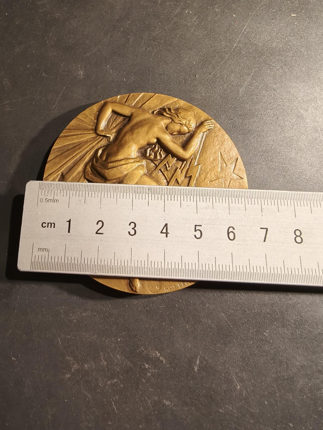 老王徽章第188期 法国电气行业总工会大铜章     原盒    直径66mm    重量165g