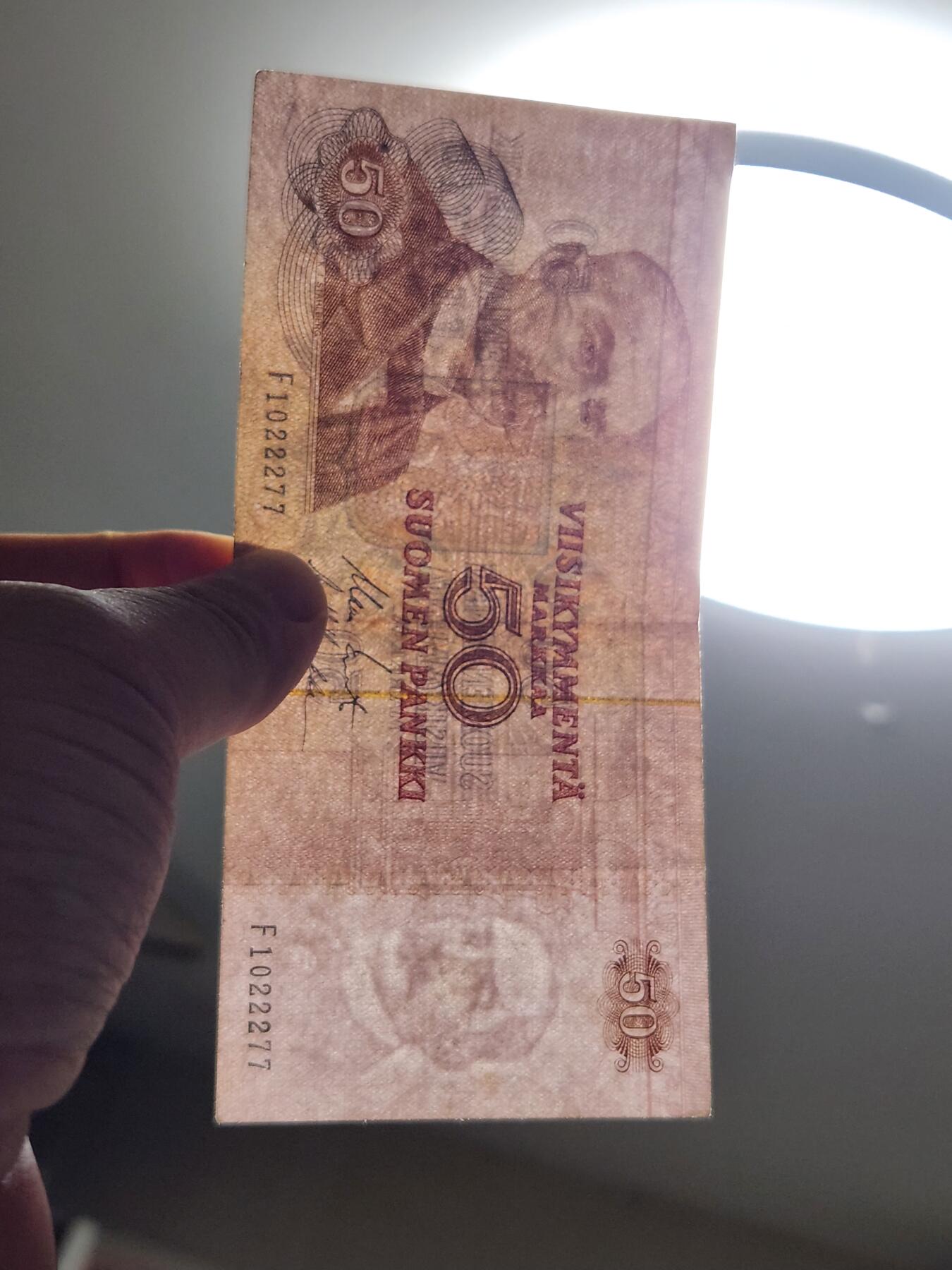 3月22号晚上8点 外国纸币自动截拍第43场 芬兰 1977年版 50马克 原票美品