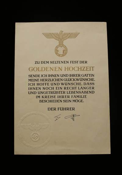 戎马世界章牌大赏第112期 德专场 - 来自总统府的 金婚纪念证书 庆祝 Daverhuth 夫妻的金婚纪念日（结婚50周年） 小胡子印签