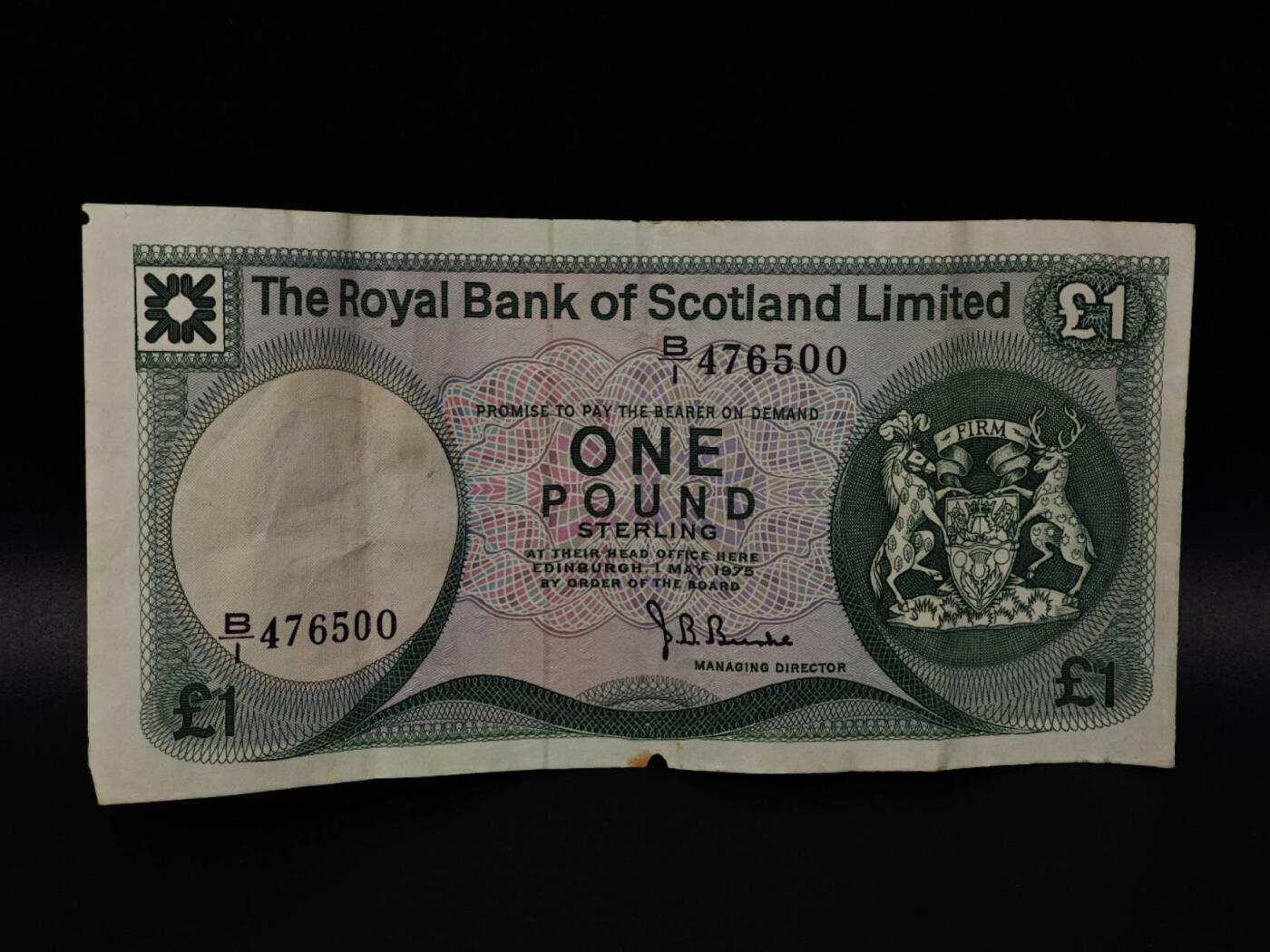  【淘币小摊】限时拍第八百八十二拍   纸币场    每周一统一发货 苏格兰皇家银行1975年1镑纸币【有折】