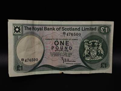  【淘币小摊】限时拍第八百八十二拍   纸币场    每周一统一发货 - 苏格兰皇家银行1975年1镑纸币【有折】