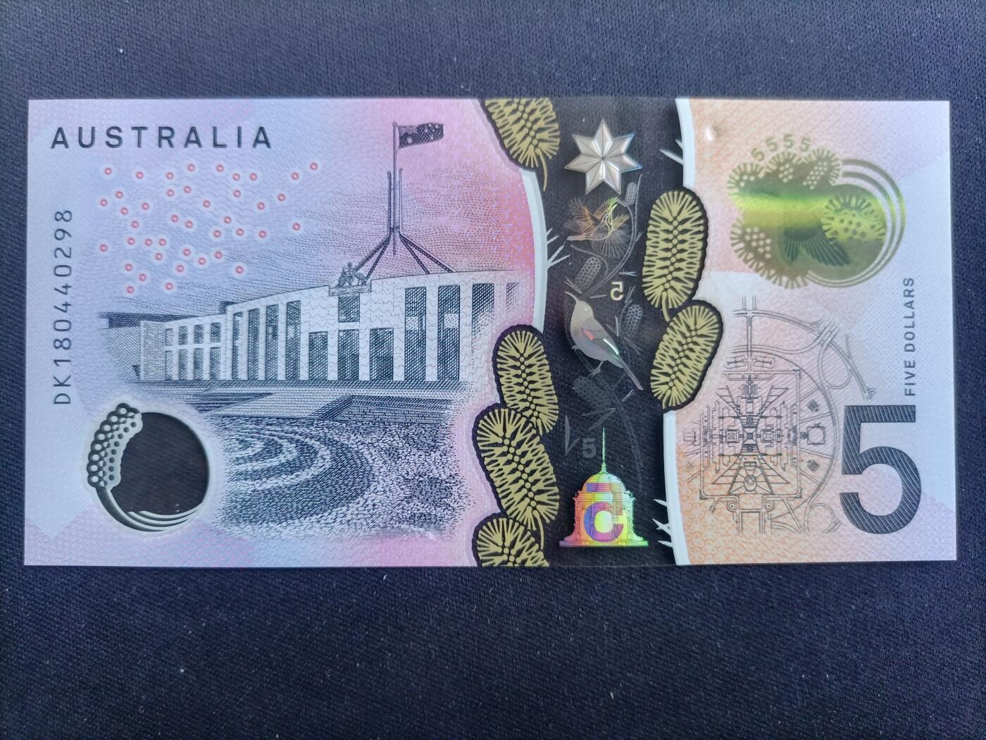 【游宝包邮场】马年第17期 精品单钞场 周日截拍 澳大利亚-5元【2018年 全新UNC】