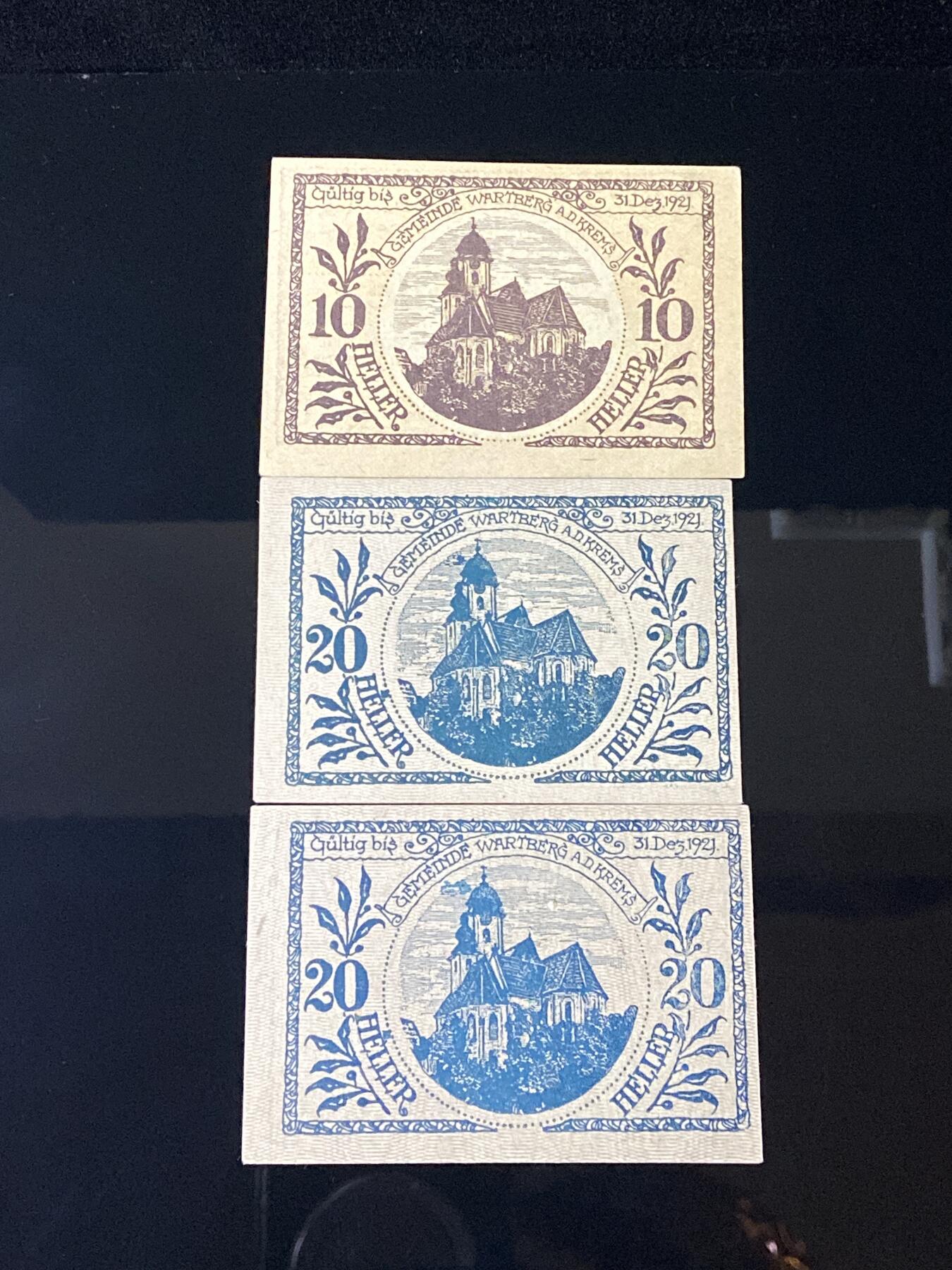 2026年第三十七场(总第二百零六场）德紧纸币特拍场(佣金3%，最低1元) 奥紧纸币–奥地利下奥地利州克雷姆斯河畔瓦特贝格乡（Gemeinde Wartberg an der Krems，缩写  a.d. Krems ）10、20赫勒三枚套票