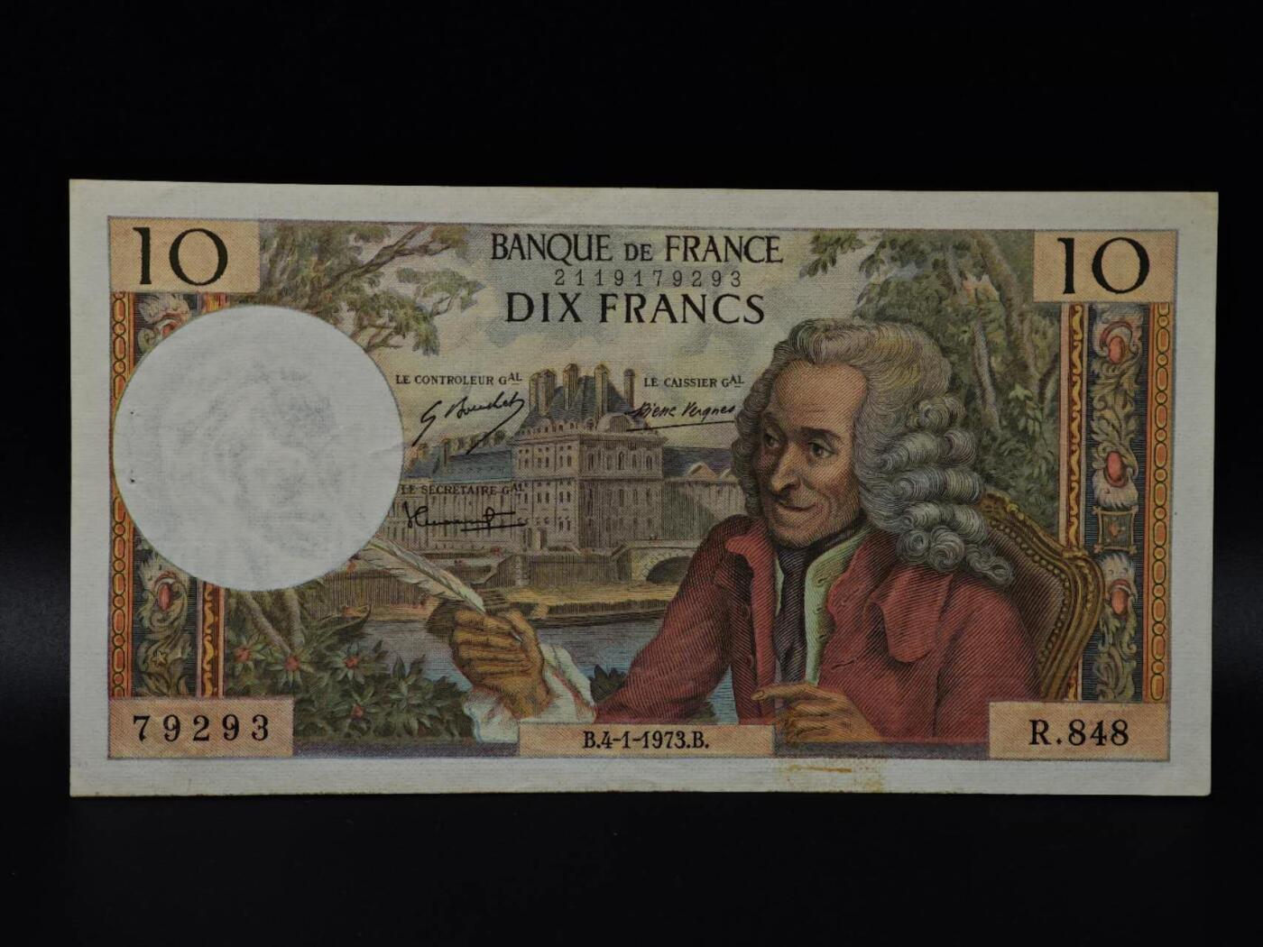  【淘币小摊】限时拍第八百八十二拍   纸币场    每周一统一发货 法国1971年10法郎纸币【有折针眼】