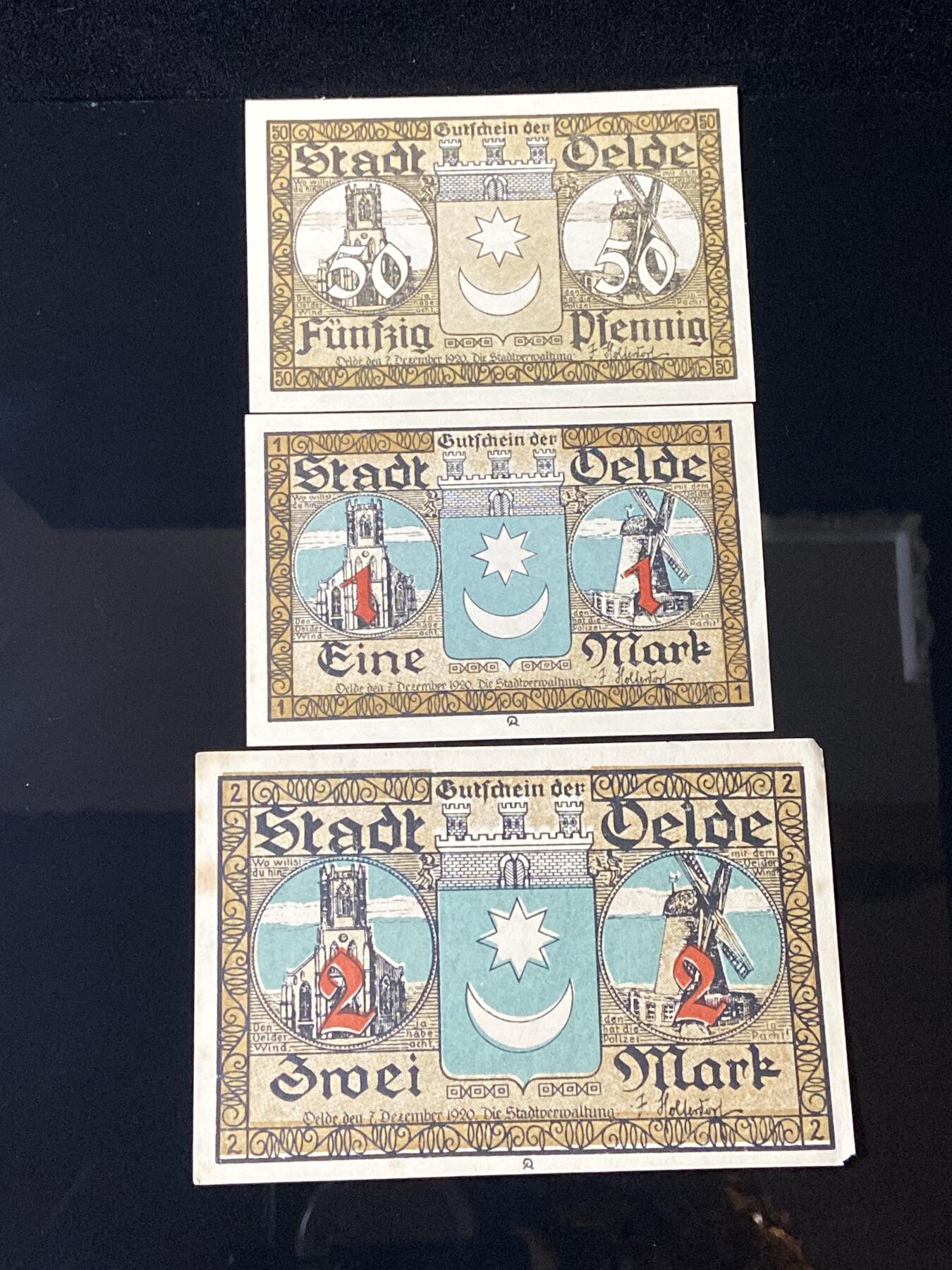 2026年第三十七场(总第二百零六场）德紧纸币特拍场(佣金3%，最低1元) 德紧纸币–德国威斯特伐利亚省厄尔德市（Stadt Oelde, Provinz Westfalen）50芬妮、1、2马克三枚套票