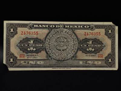  【淘币小摊】限时拍第八百八十二拍   纸币场    每周一统一发货 - 墨西哥11967年1比索纸币【有折破损】