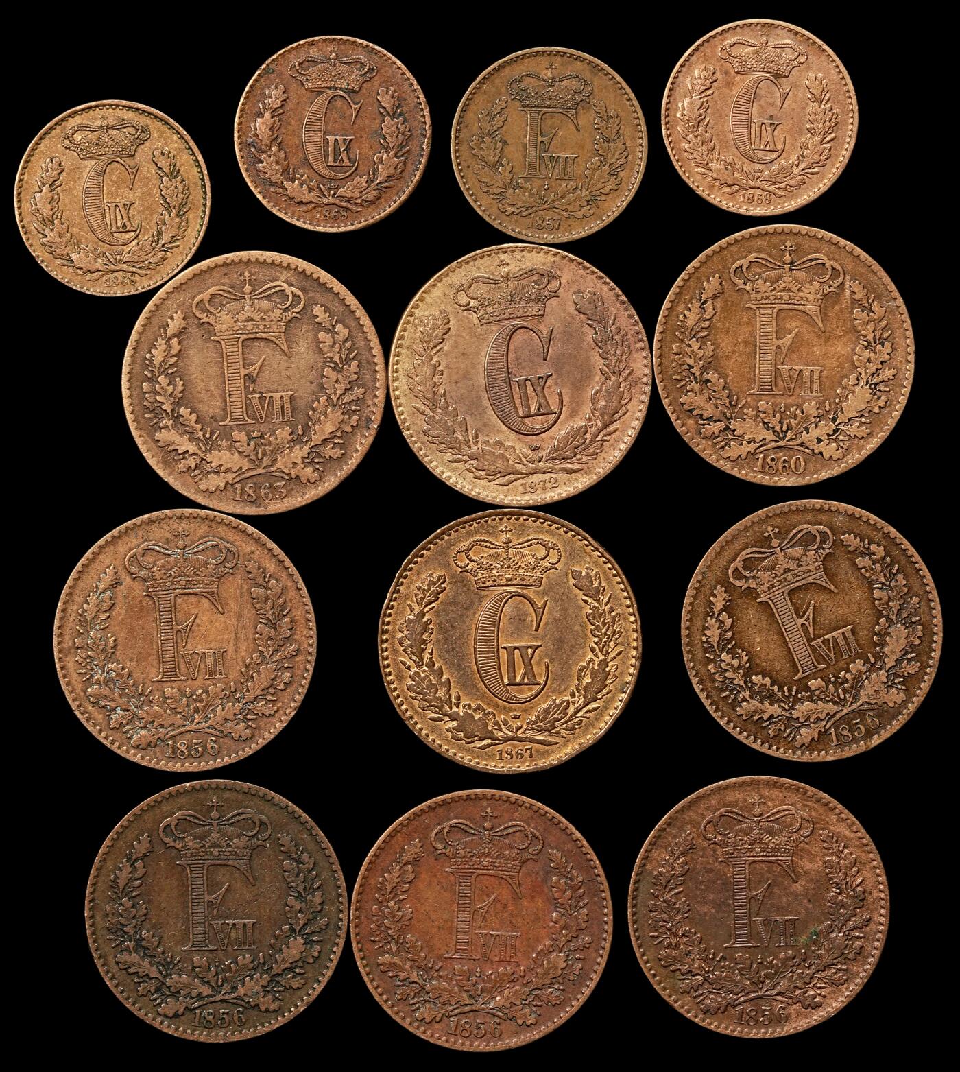 修遠堂世界钱币第108期 19世纪丹麦1/2，1 SKILLING RIGSMONT铜币一组