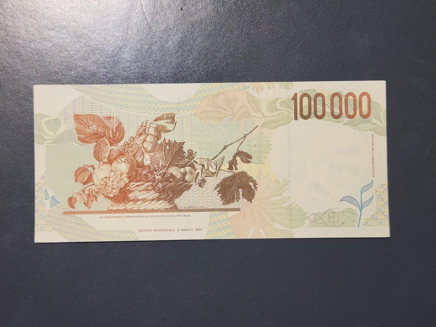3月21号晚上8点 外国纸币自动截拍第42场 意大利1994年100000里拉10万纸币 近新极美品