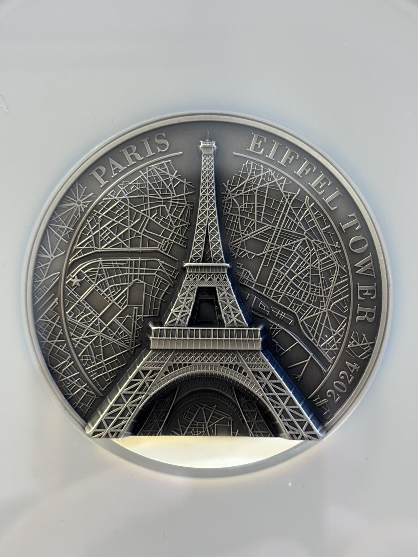 第195期拍卖 库克2024年埃菲尔铁塔5盎司银币NGC-MS70分首，999银，发行889枚