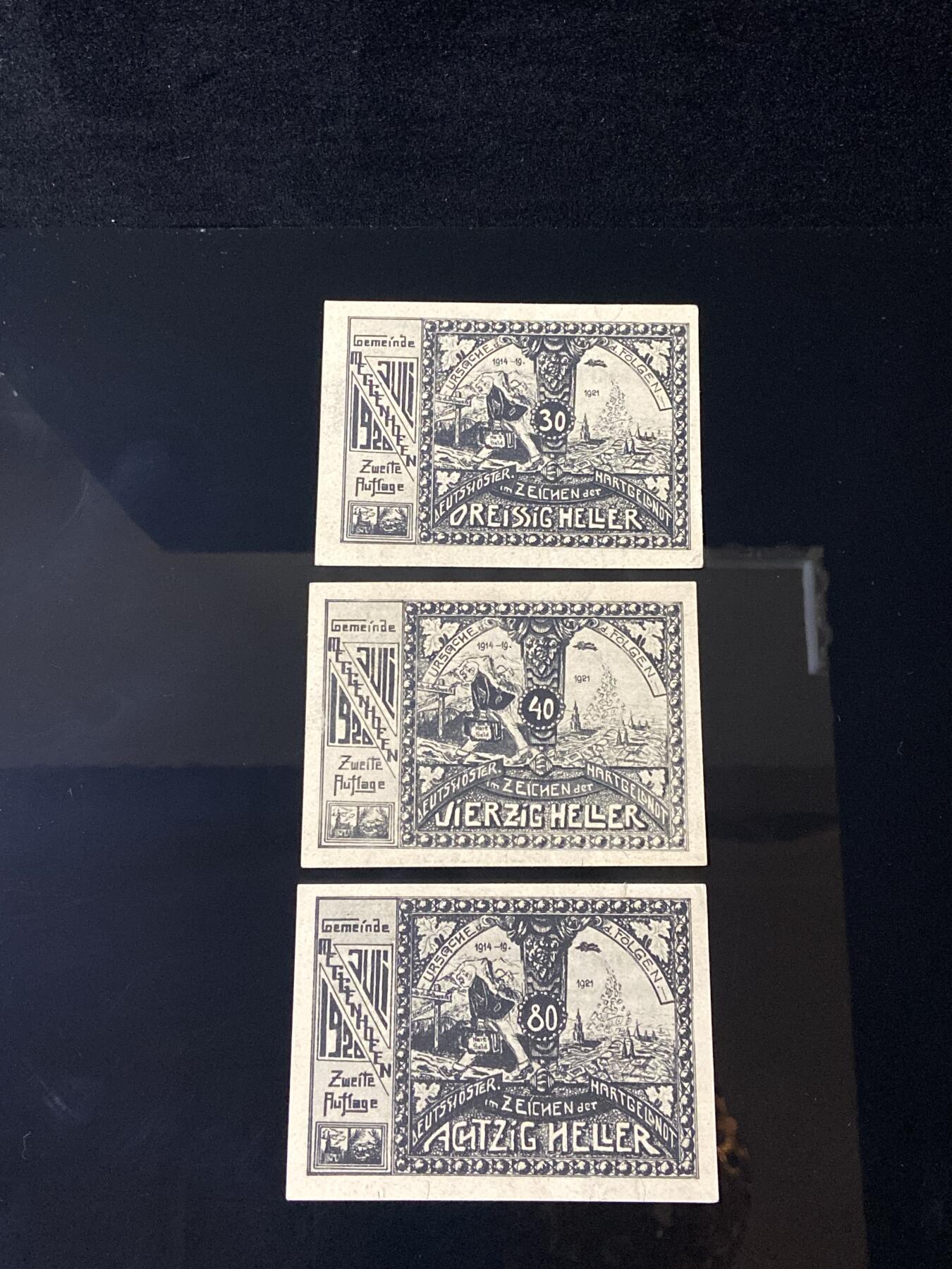 2026年第三十七场(总第二百零六场）德紧纸币特拍场(佣金3%，最低1元) 奥紧纸币–奥地利上奥地利州梅登霍芬乡（Gemeinde Medenhofen，缩写  Gem. Medenhofen ）30、40、80赫勒三枚套票