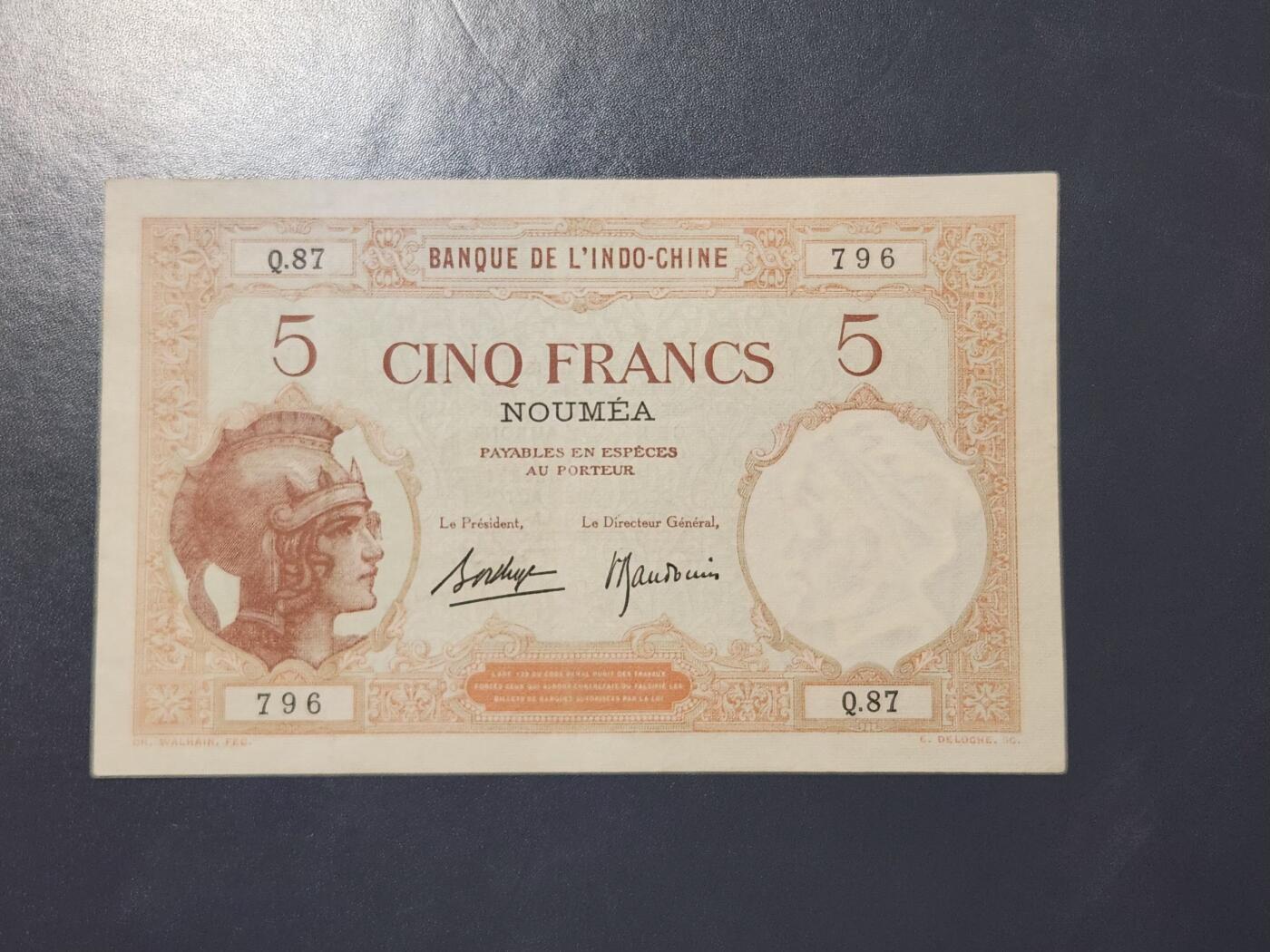 3月22号晚上8点 外国纸币自动截拍第43场 法属 新喀里多尼亚 1926年5法郎 美品