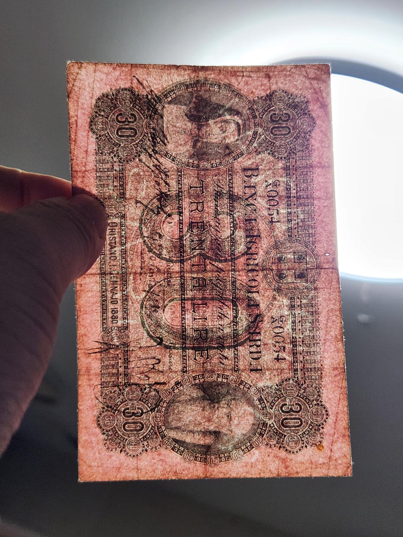 3月22号晚上8点 外国纸币自动截拍第43场 意大利 撒丁岛农业银行 1880年30法郎