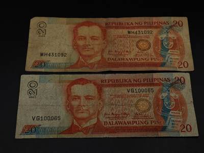  【淘币小摊】限时拍第八百八十二拍   纸币场    每周一统一发货 - 菲律宾20比索纸币2张【有折】