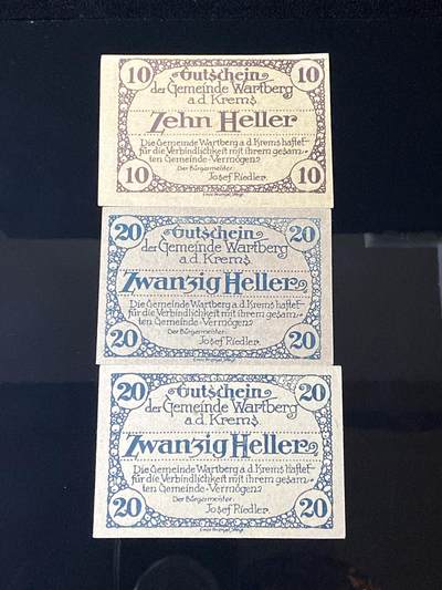 2026年第三十七场(总第二百零六场）德紧纸币特拍场(佣金3%，最低1元) - 奥紧纸币–奥地利下奥地利州克雷姆斯河畔瓦特贝格乡（Gemeinde Wartberg an der Krems，缩写  a.d. Krems ）10、20赫勒三枚套票