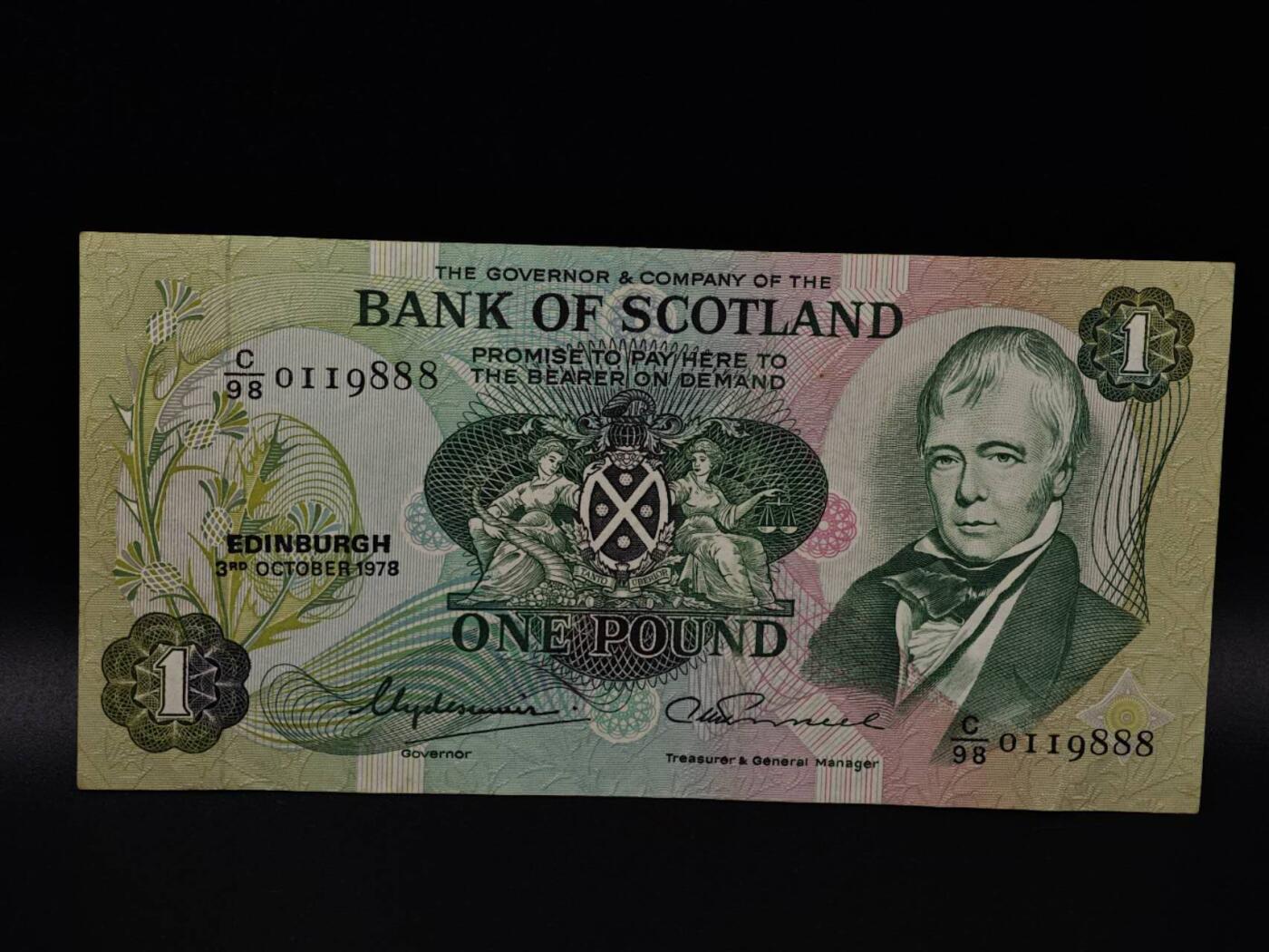  【淘币小摊】限时拍第八百八十二拍   纸币场    每周一统一发货 苏格兰银行1978年1镑纸币【有折】