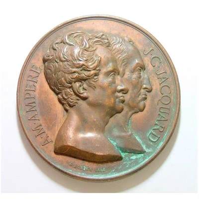 法国1862年 大科学家安培+雅卡尔 高浮雕精制大铜章 55MM - 法国1862年 大科学家安培+雅卡尔 高浮雕精制大铜章 55MM