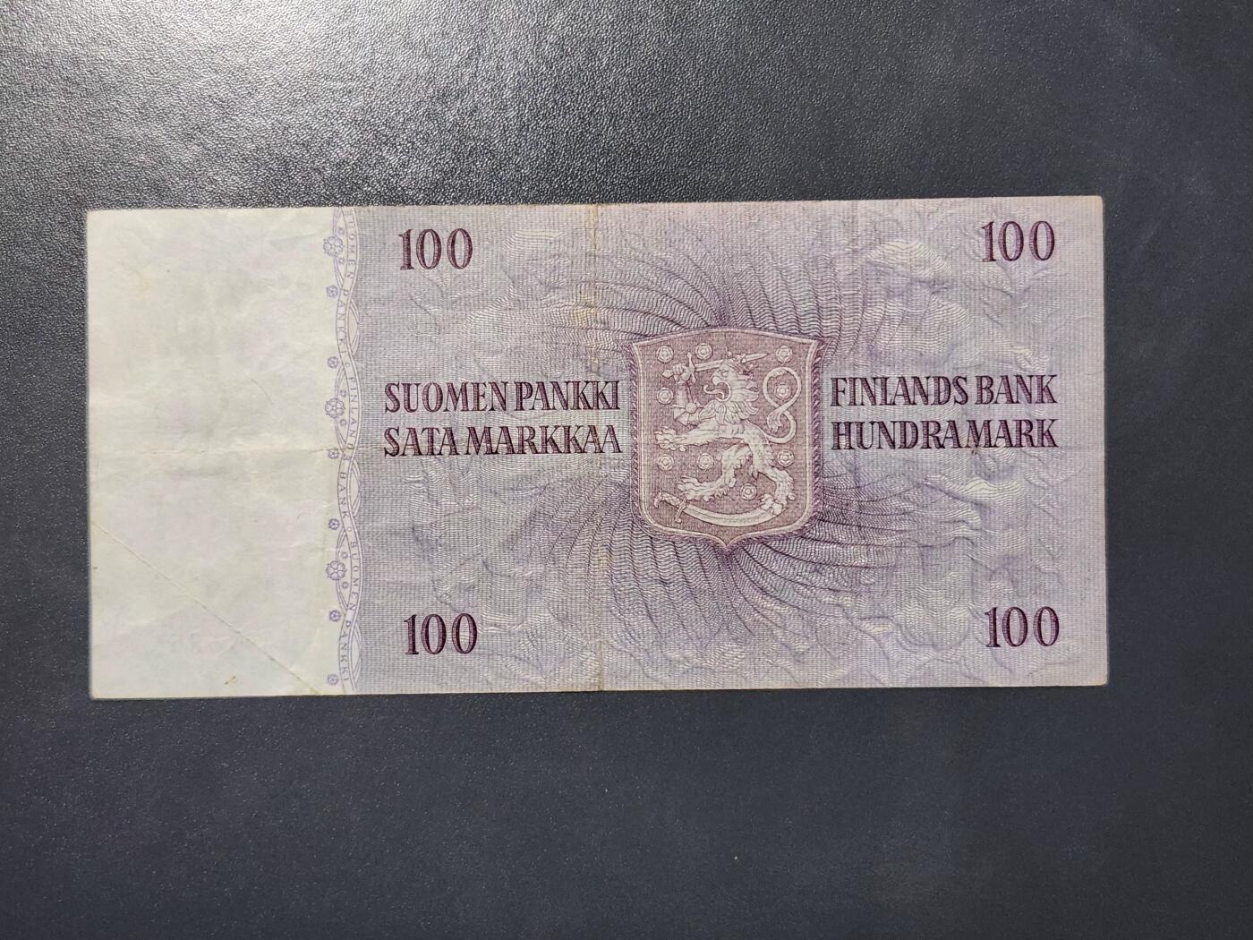 3月22号晚上8点 外国纸币自动截拍第43场 芬兰1963年100马克纸币 LITT A 原票美品