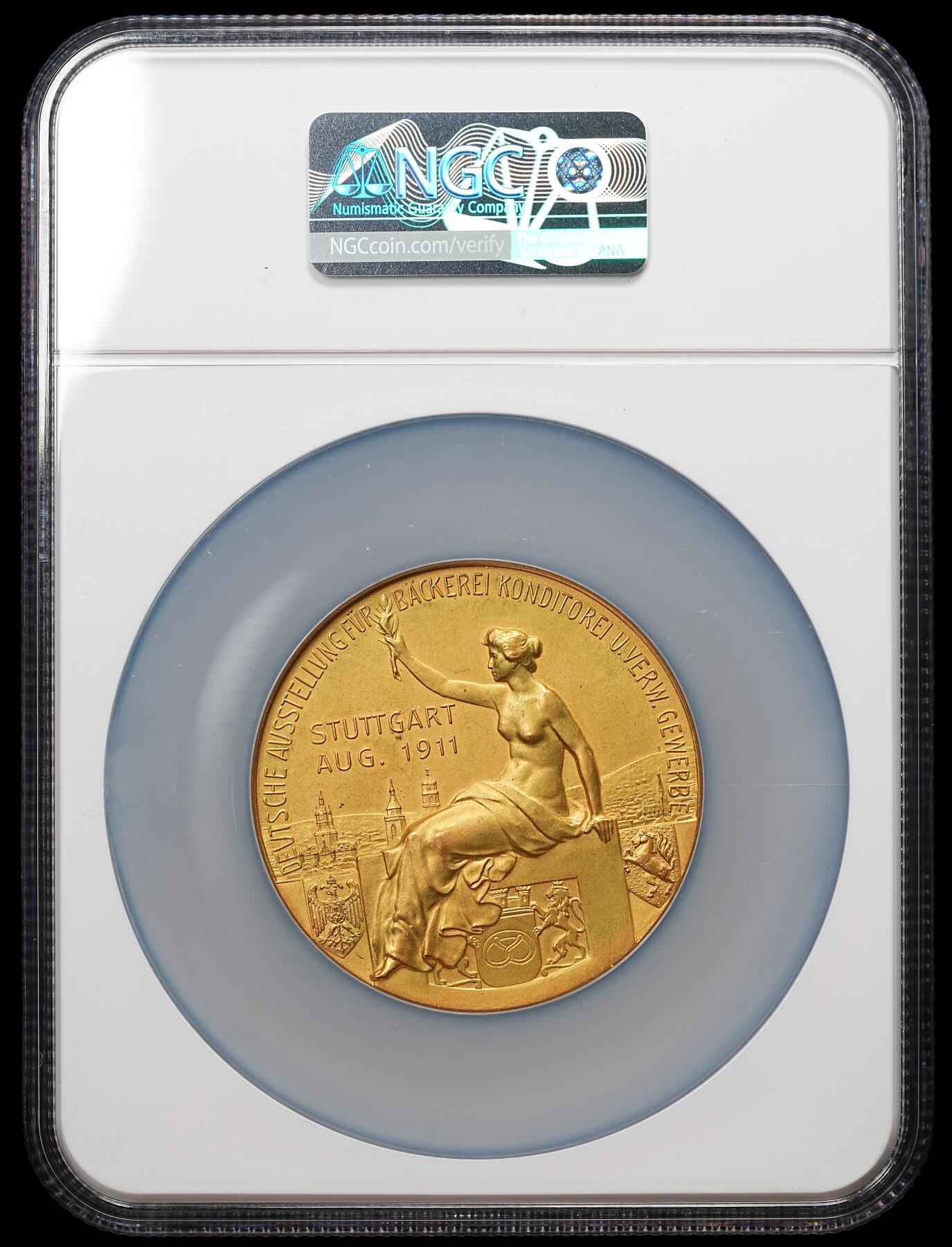 修遠堂世界钱币第108期 NGC MS65 1911年德国斯图加特烘焙博览会镀金大铜章
