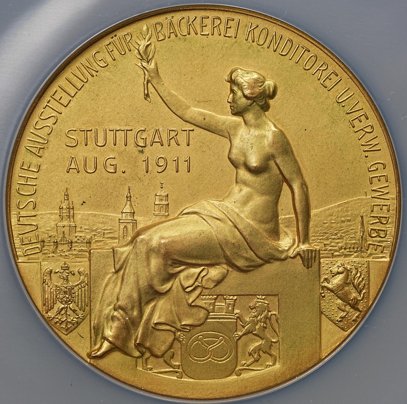 修遠堂世界钱币第108期 NGC MS65 1911年德国斯图加特烘焙博览会镀金大铜章