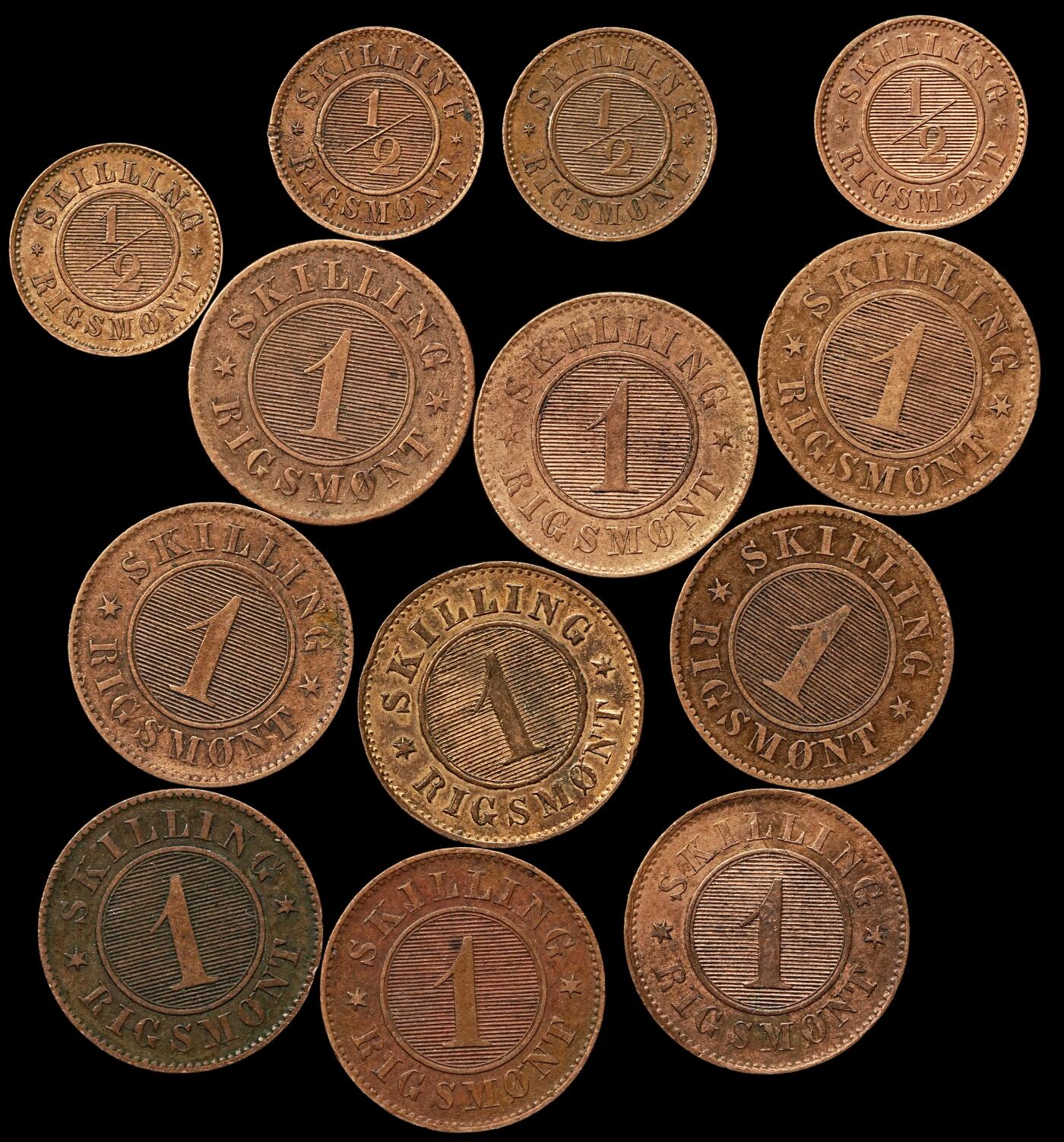 修遠堂世界钱币第108期 19世纪丹麦1/2，1 SKILLING RIGSMONT铜币一组