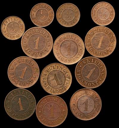 修遠堂世界钱币第108期 - 19世纪丹麦1/2，1 SKILLING RIGSMONT铜币一组