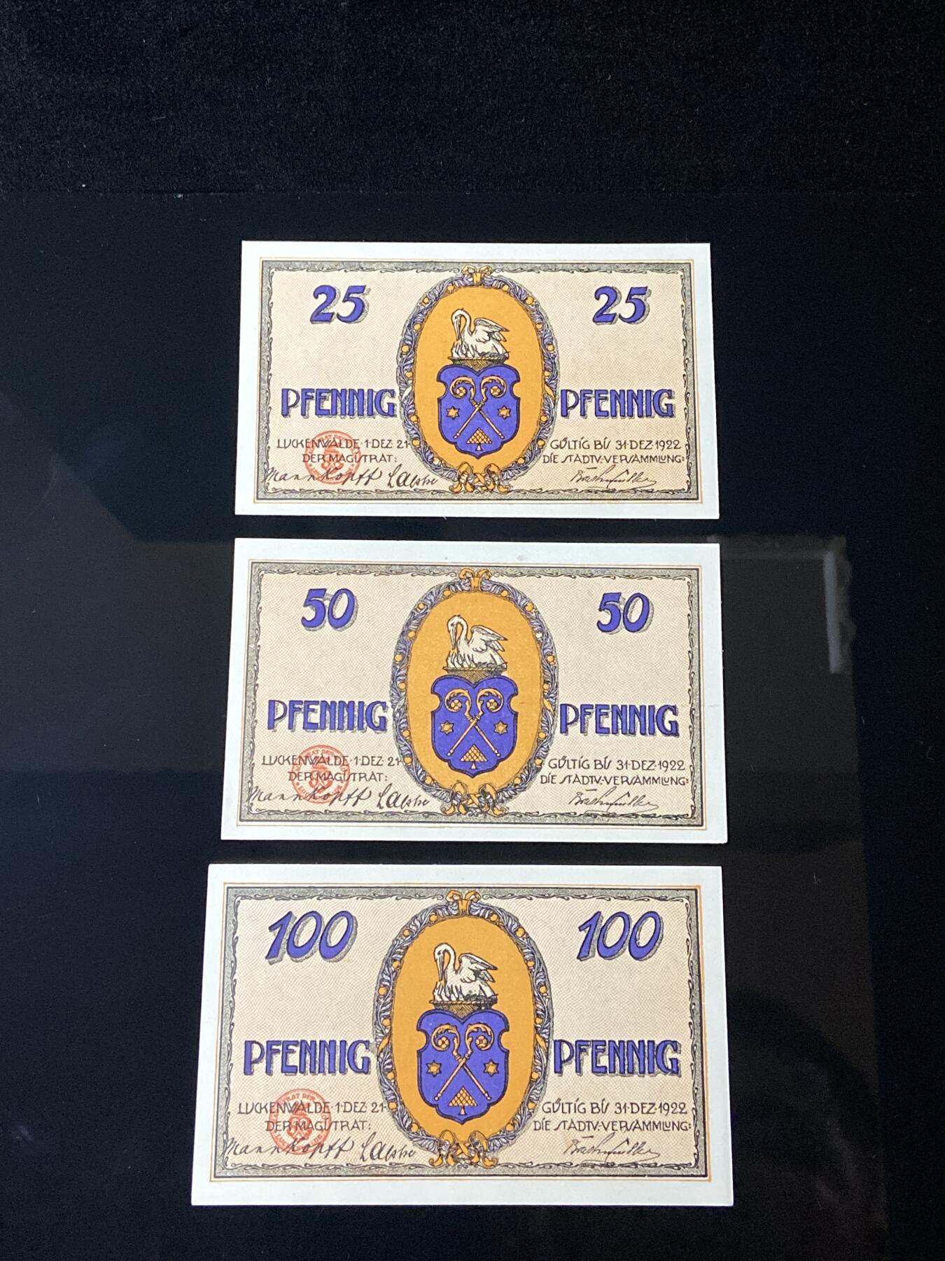 2026年第三十七场(总第二百零六场）德紧纸币特拍场(佣金3%，最低1元) 德紧纸币–德国勃兰登堡州卢肯瓦尔德市（Stadt Luckenwalde）25、50、100芬妮三枚套票