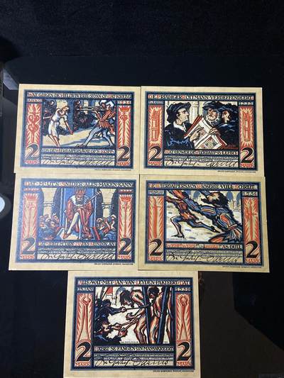 2026年第三十七场(总第二百零六场）德紧纸币特拍场(佣金3%，最低1元) - 德紧纸币–德国威斯特伐利亚明斯特市（Stadt Münster i.W.）2马克5枚套票(票面故事事件1534-1535年，激进再洗礼派在明斯特建立了欧洲近代第一个基督教共产主义政权，史称“明斯特公社”，最终被主教军队镇压，领袖被处决，尸体悬挂于圣兰贝蒂教堂铁笼中示众。这套纸币以该事件为核心，还原了关键人物与符号。)