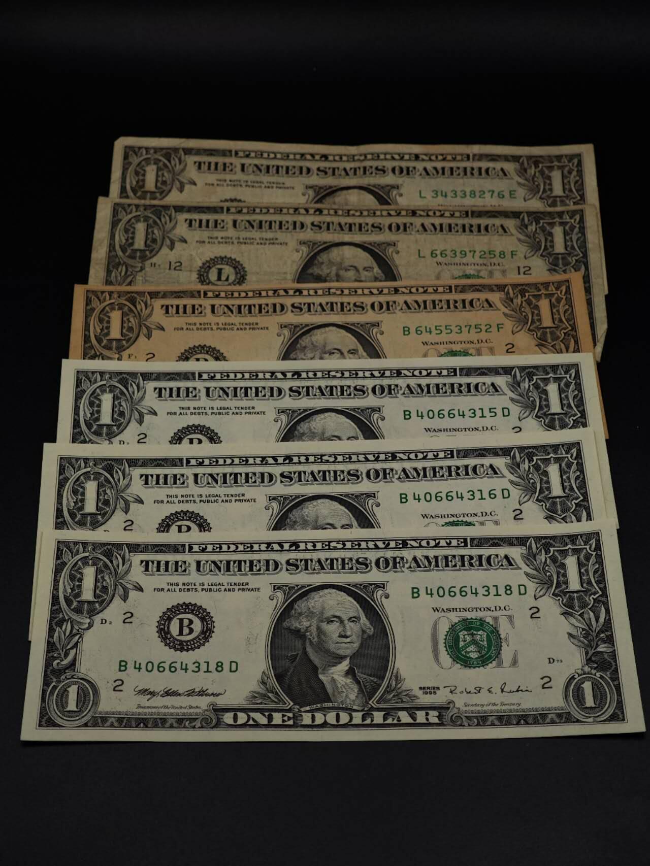  【淘币小摊】限时拍第八百八十二拍   纸币场    每周一统一发货 美国1美元纸币6张【有折】