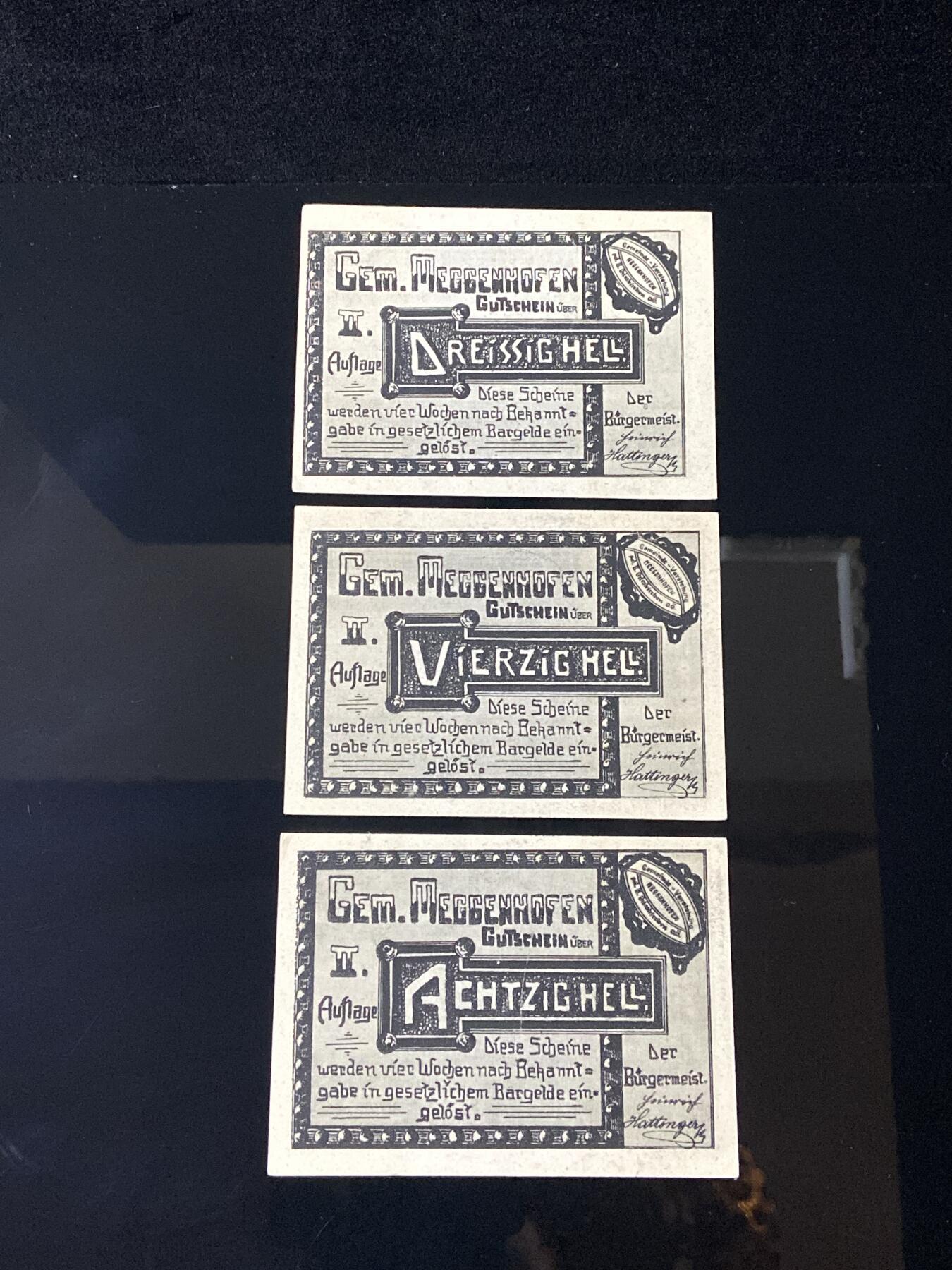 2026年第三十七场(总第二百零六场）德紧纸币特拍场(佣金3%，最低1元) 奥紧纸币–奥地利上奥地利州梅登霍芬乡（Gemeinde Medenhofen，缩写  Gem. Medenhofen ）30、40、80赫勒三枚套票