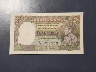 3月21号晚上8点 外国纸币自动截拍第42场 - 印度 1937年5卢比 【J.B.Taylor 签名】几乎全新 稀少