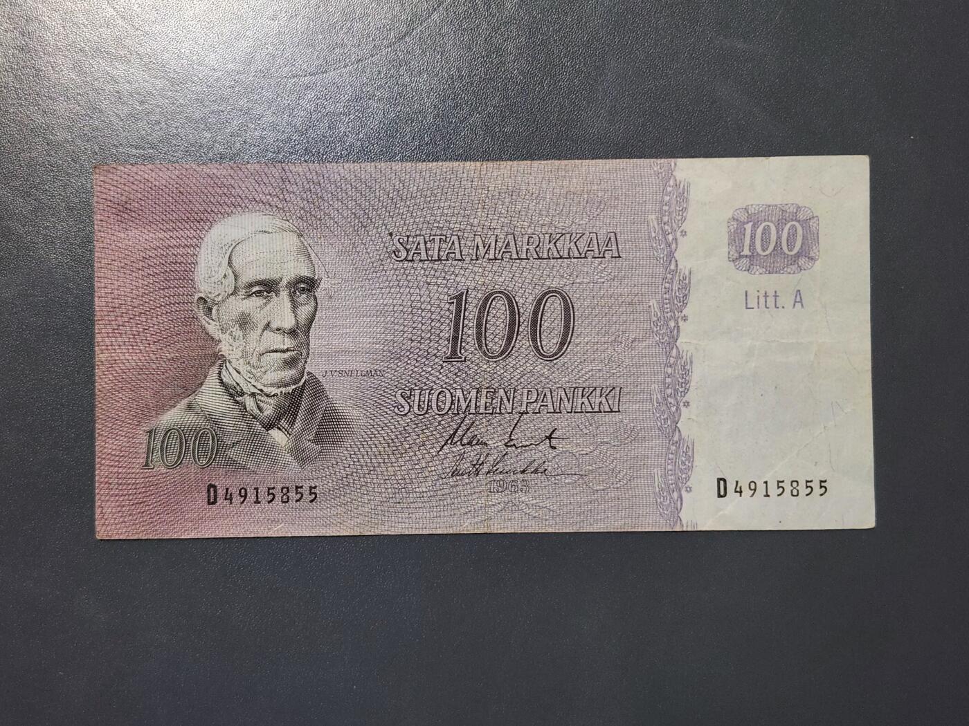 3月22号晚上8点 外国纸币自动截拍第43场 芬兰1963年100马克纸币 LITT A 原票美品