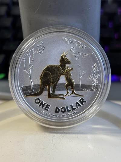 第195期拍卖 - 澳大利亚2007年袋鼠系列精制磨砂镀金1盎司银币，999银镀金，发行12500枚，皮盒有瑕疵