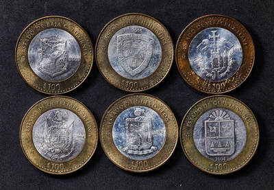 【俄甄集藏】2026年(050)04-01星期三 晚 19:30 全场包邮 - 墨西哥2003-2005年联邦州100比索双色纪念大银币6枚一组，外圈为铜，中心为925银，单枚重约33.9克，分别为下加利福尼亚州、奇瓦瓦州、韦拉克鲁斯州、克雷塔罗州、新莱昂州、金塔纳罗奥州