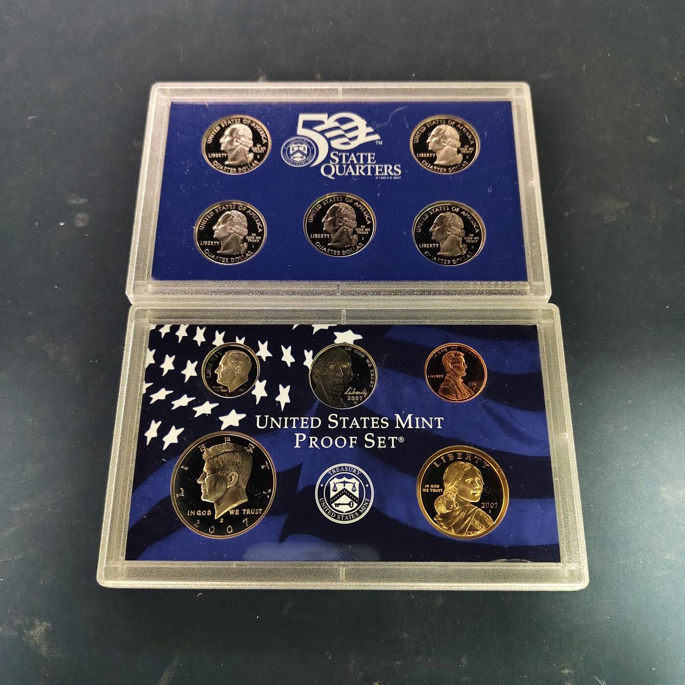 【全场包邮】纯粹捡漏拍515场 美国2007年官方封装精制套币（流通币一盒+州币一盒）-盒证全