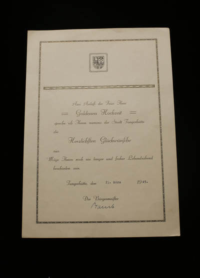 戎马世界章牌大赏第112期 德专场 - 来自Tangerhütte 市政府金婚记念 证书 庆祝 Daverhuth 夫妻的金婚纪念日（结婚50周年）市长亲签