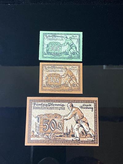 2026年第三十七场(总第二百零六场）德紧纸币特拍场(佣金3%，最低1元) - 德紧纸币–德国萨克森州弗赖贝格市（Stadt Freiberg）10(绿版)、10(棕版)、50芬妮三枚套票