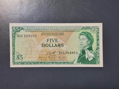 3月22号晚上8点 外国纸币自动截拍第43场 - 东加勒比5元纸币 1965年版 戎装伊丽莎白女王 新品