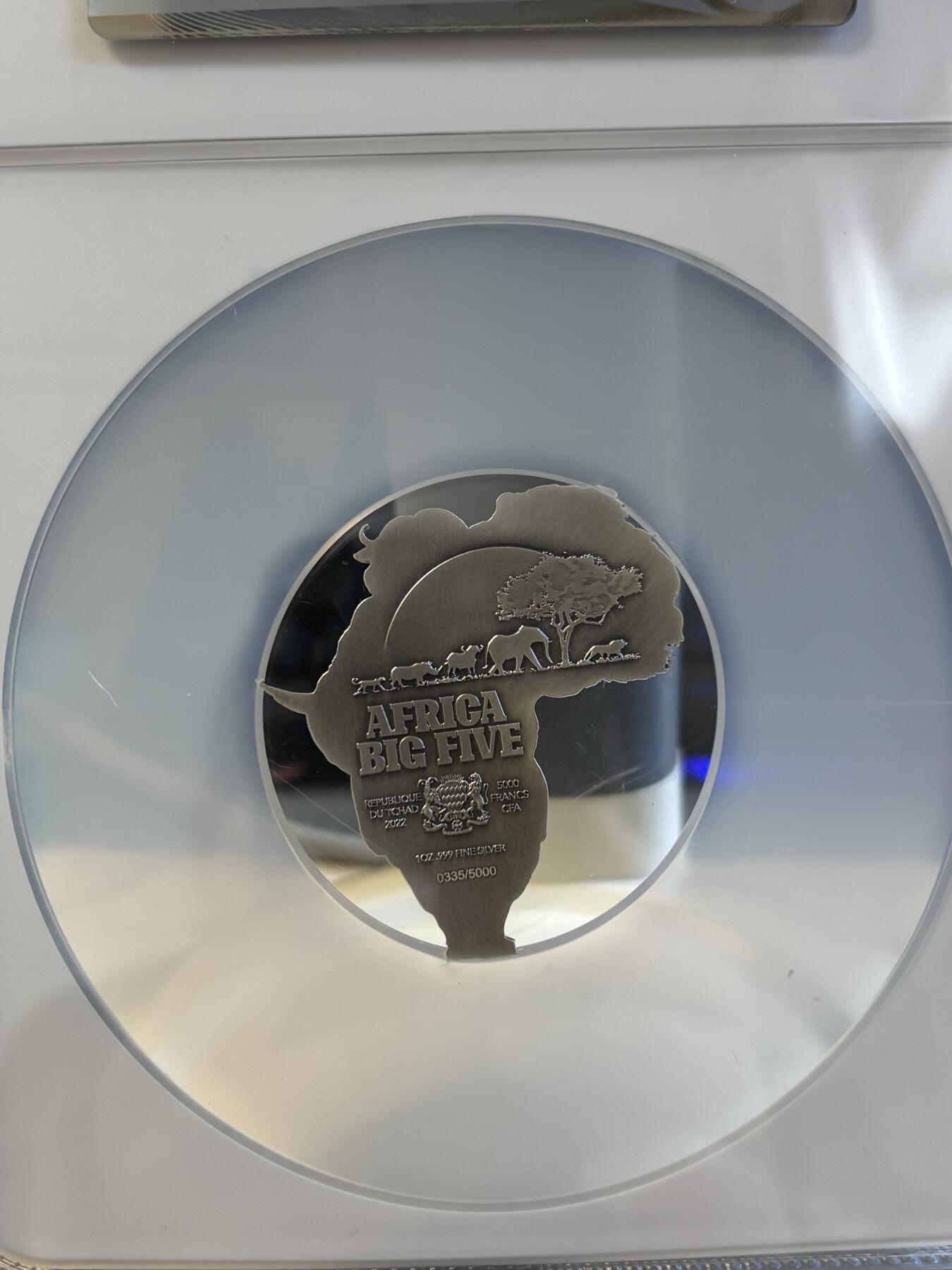第195期拍卖 乍得2022年非洲五霸1盎司异形仿古纪念银币NGC-MS70，999银，发行5000枚