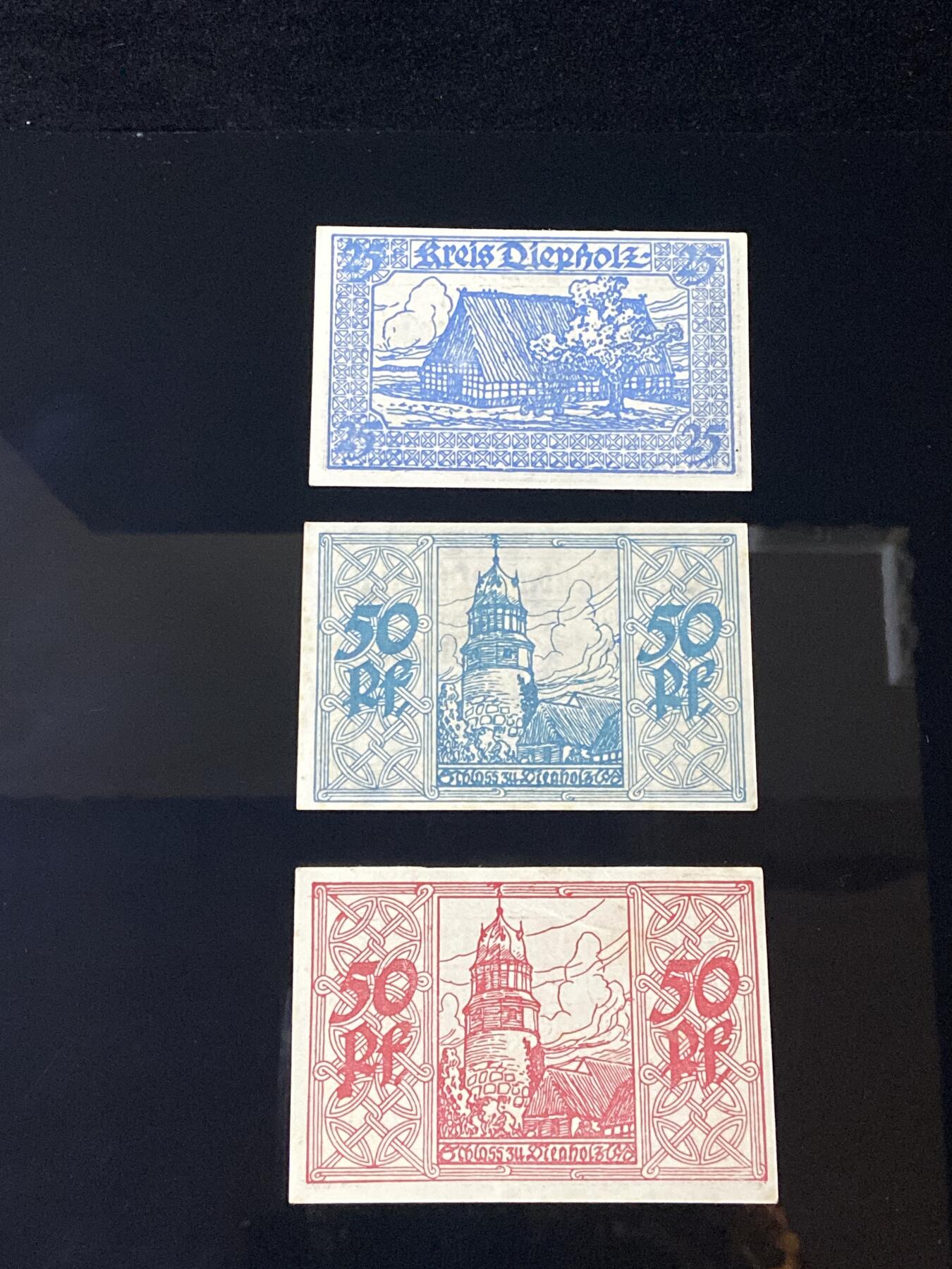 2026年第三十七场(总第二百零六场）德紧纸币特拍场(佣金3%，最低1元) 德紧纸币–德国下萨克森州迪普霍尔茨县（Kreis Diepholz）25、50(绿版)、50(红版)芬妮三枚套票