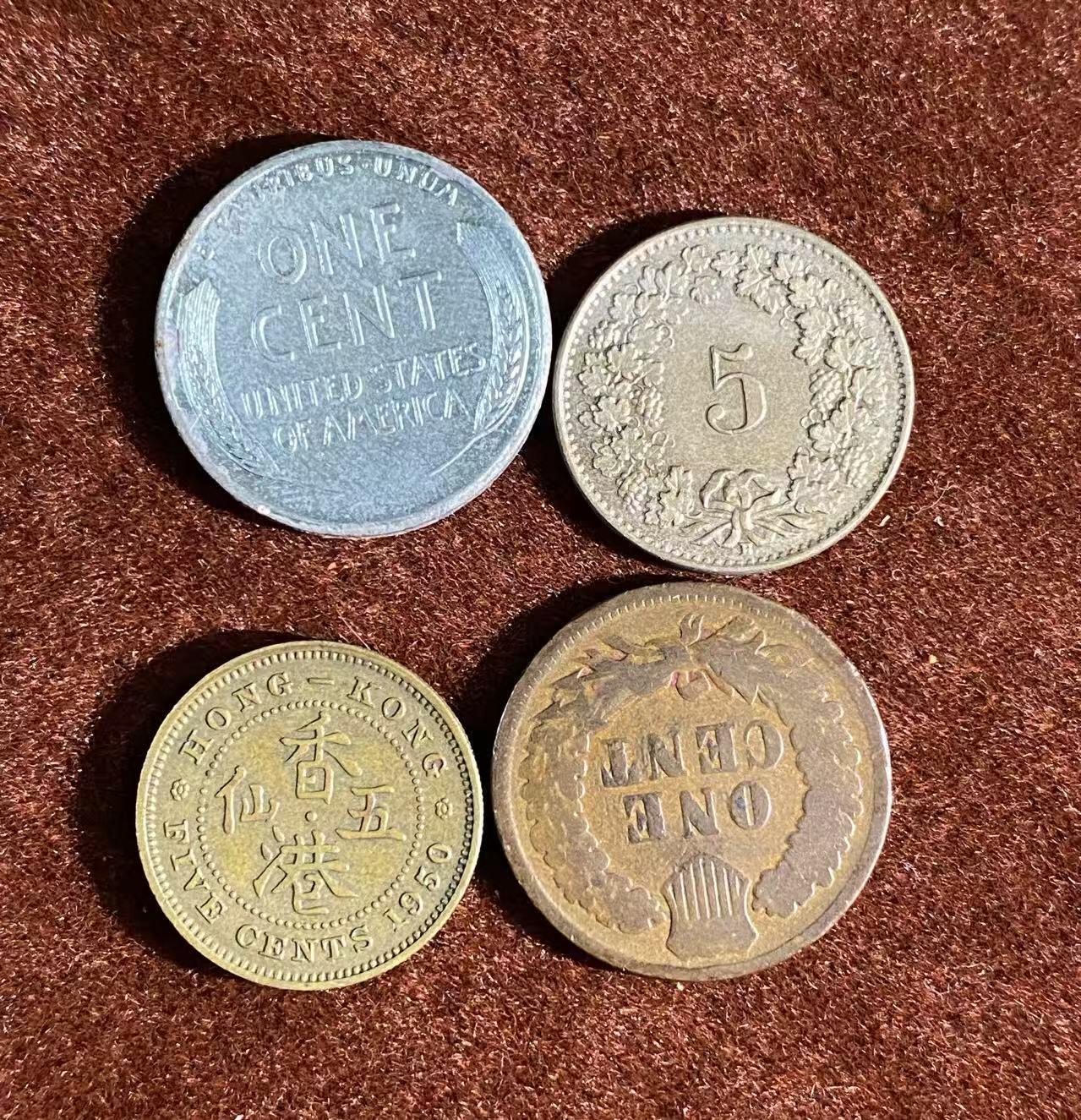 日日生财—方圆世界（全场包邮） ‌1943年美国林肯1美分麦穗硬币 +瑞士1921年的流通硬币 +香港时期乔治六世头像的一仙铜币 +1895年美国印第安人头像1美分铜币