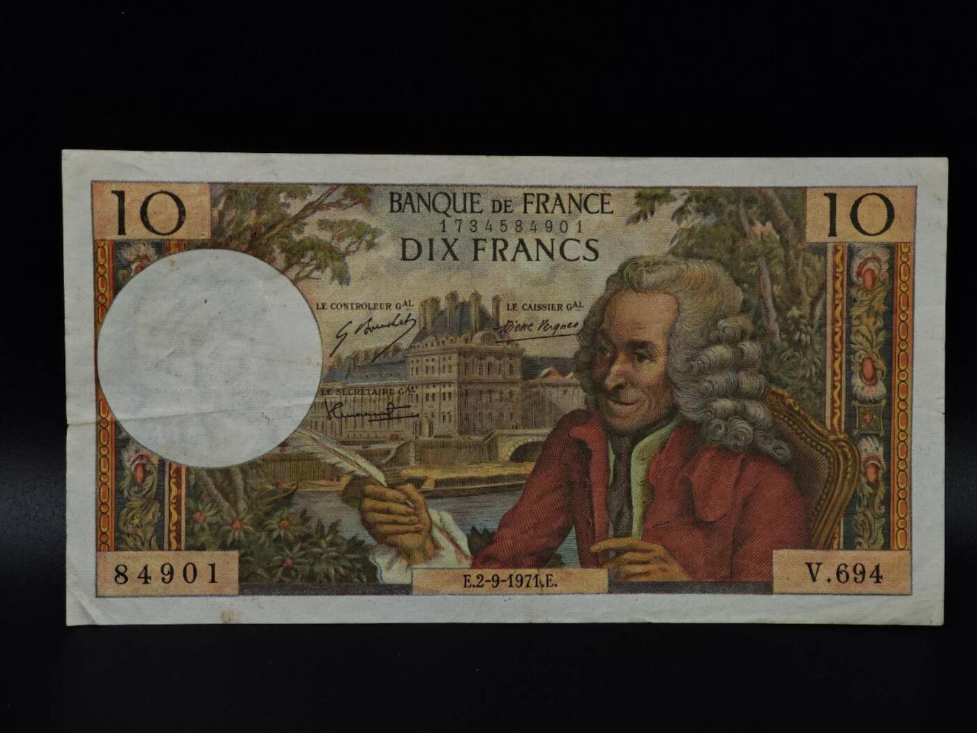  【淘币小摊】限时拍第八百八十二拍   纸币场    每周一统一发货 法国1971年10法郎纸币【有折】