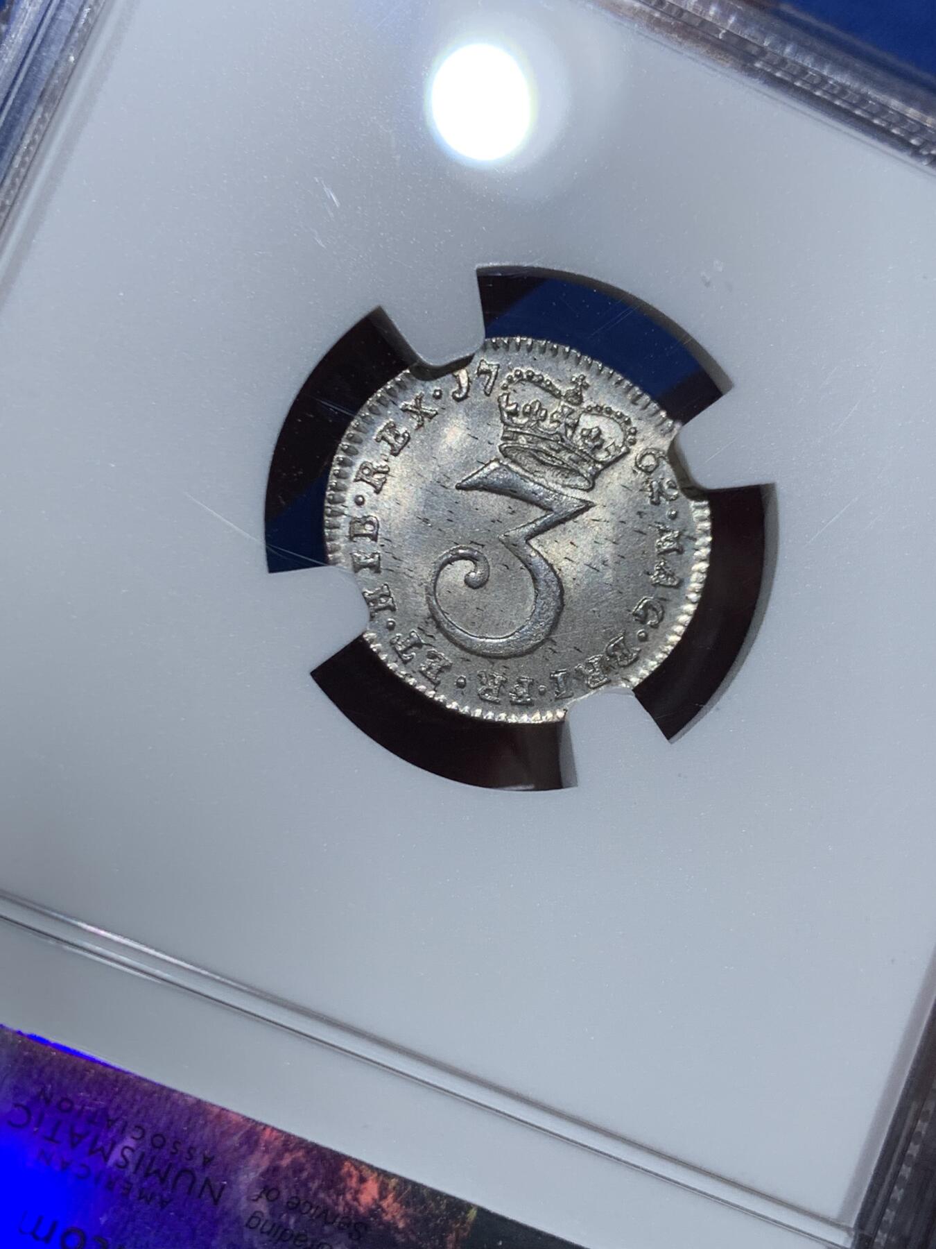 《竞宝斋》第473场 周日，周一 2场连拍 （全场包邮）欢迎送拍 NGC MS64 英国1762年乔治三世3便士濯足币，原光，高分难得