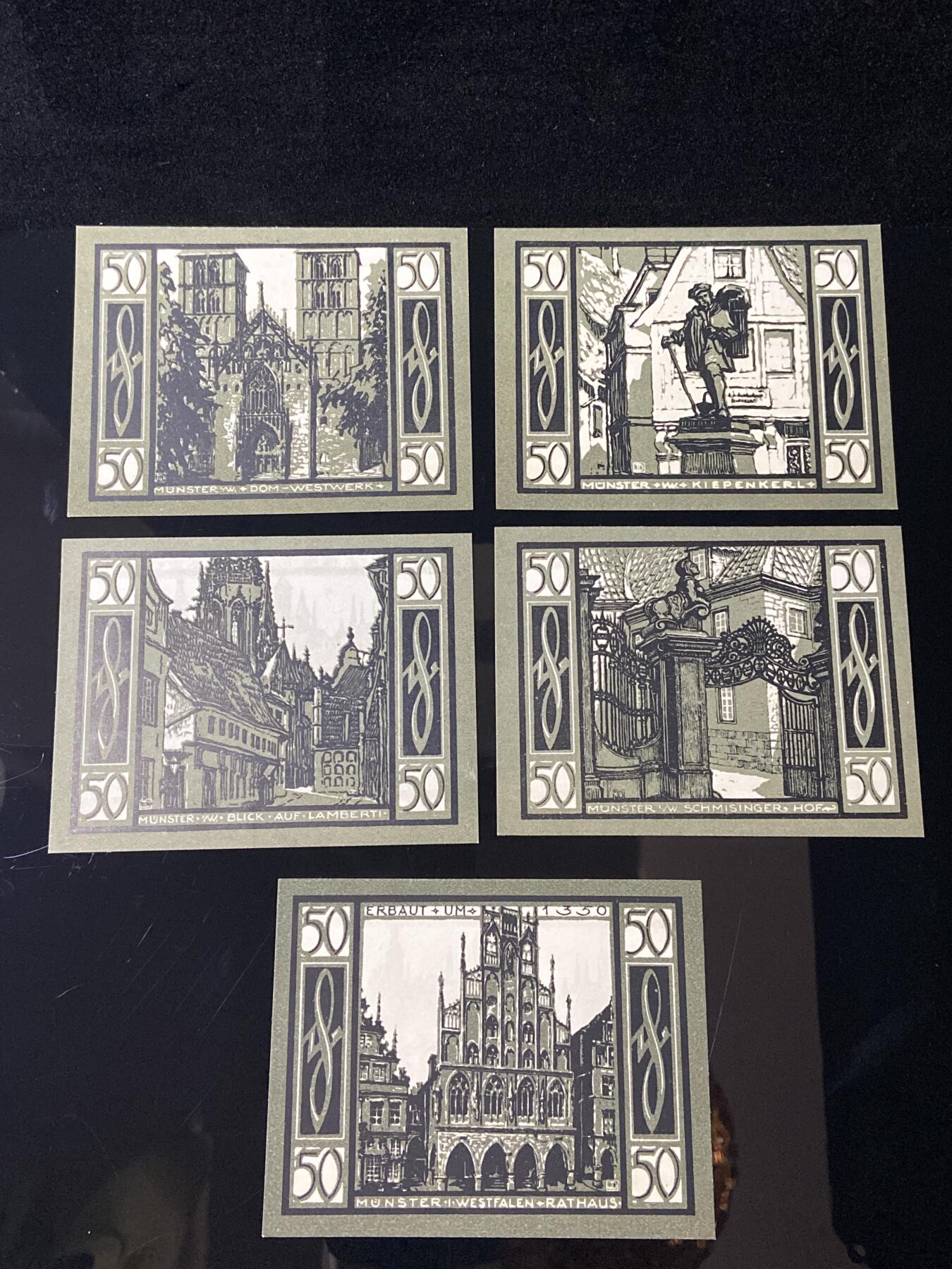 2026年第三十七场(总第二百零六场）德紧纸币特拍场(佣金3%，最低1元) 德紧纸币–德国北莱茵-威斯特法伦州明斯特市（Stadt Münster）50芬妮五枚套票