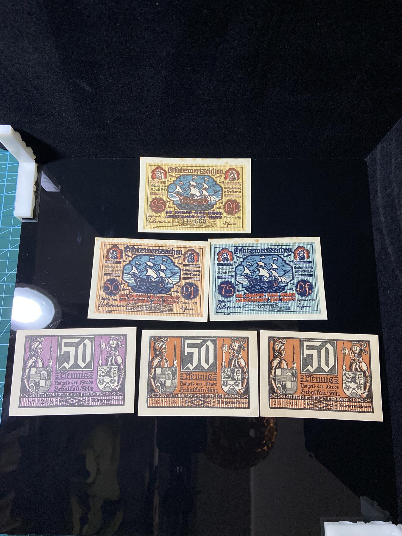 2026年第三十七场(总第二百零六场）德紧纸币特拍场(佣金3%，最低1元) 德国施托尔茨韦岑（Stolzenberg）25、50、75芬妮三枚套票加德国石勒苏益格-荷尔斯泰因州绍尔陶市（Scholtau）50芬妮三枚套票