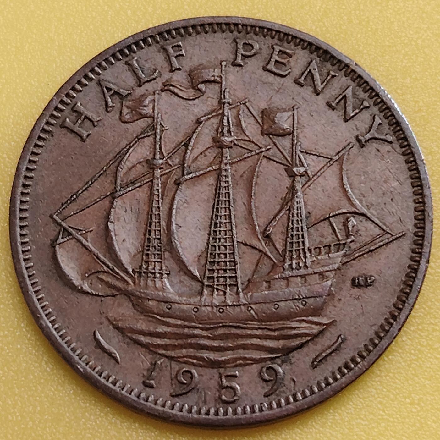 布加迪🐬～世界钱币(上海)🌾第 282 期 /  各国套币和散币 英国🇬🇧 1959年 1/2便士 伊丽莎白女王