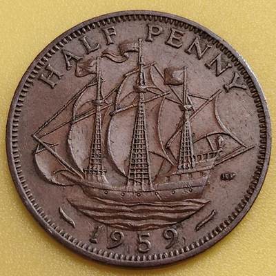 布加迪🐬～世界钱币(上海)🌾第 282 期 /  各国套币和散币 - 英国🇬🇧 1959年 1/2便士 伊丽莎白女王